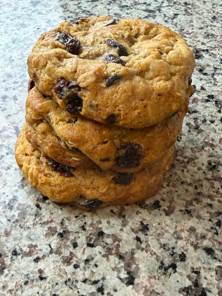 a stack of oatmeal cookies on a counter