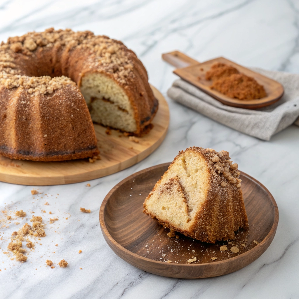 Bundt Cinnamon coffee cake on a marble countertop with a slice on a wooden plate.