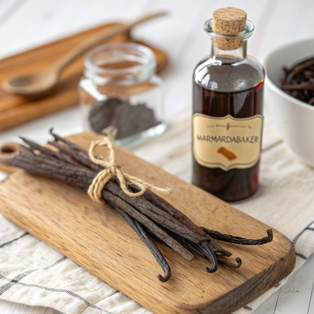 vanilla bean on a wooden cutting board